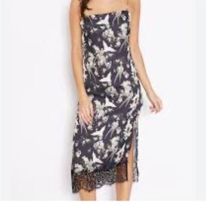 Miss Selfridge Silky Satin Slip Black Floral Lace Trim Bird Print Midi Dress